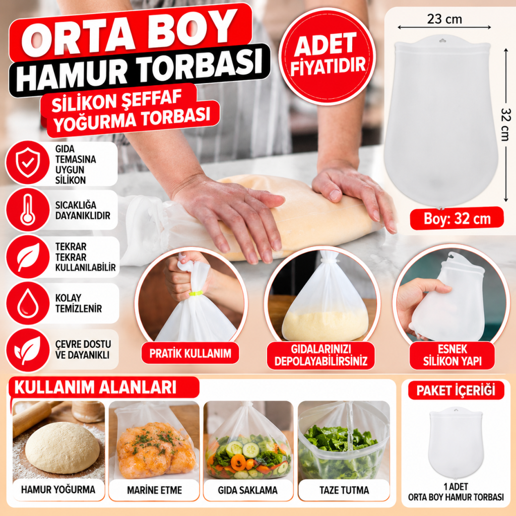 Orta Hamur Torbası Silikon Şeffaf Hamur Yoğurma Torbası Ekmek Makarna Mantı  Hamuru Kolay (adet fiyatıdır)