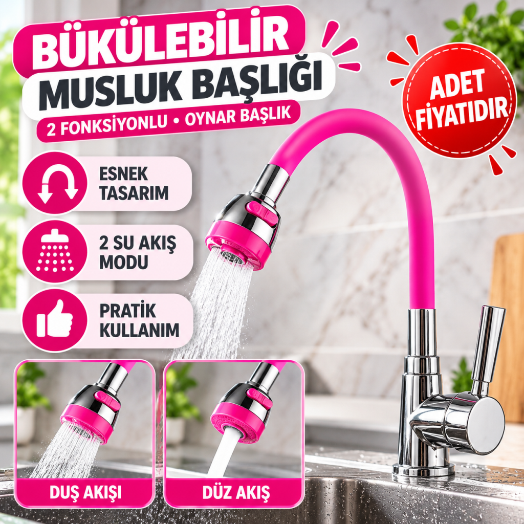 Oynar Başlıklı Tasarruflu Kubar Musluk Borusu ve Başlığı  Pembe