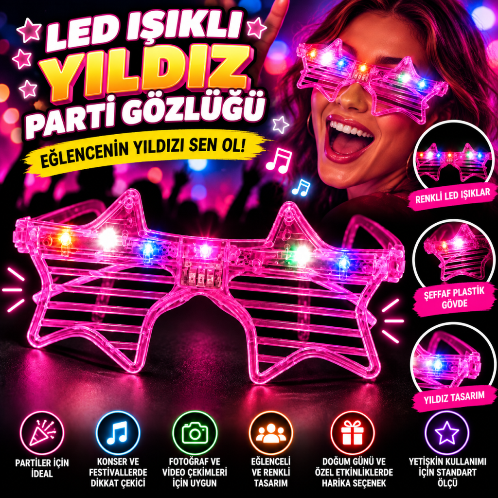Pembe Led Işıklı Yıldız Parti Gözlüğü
