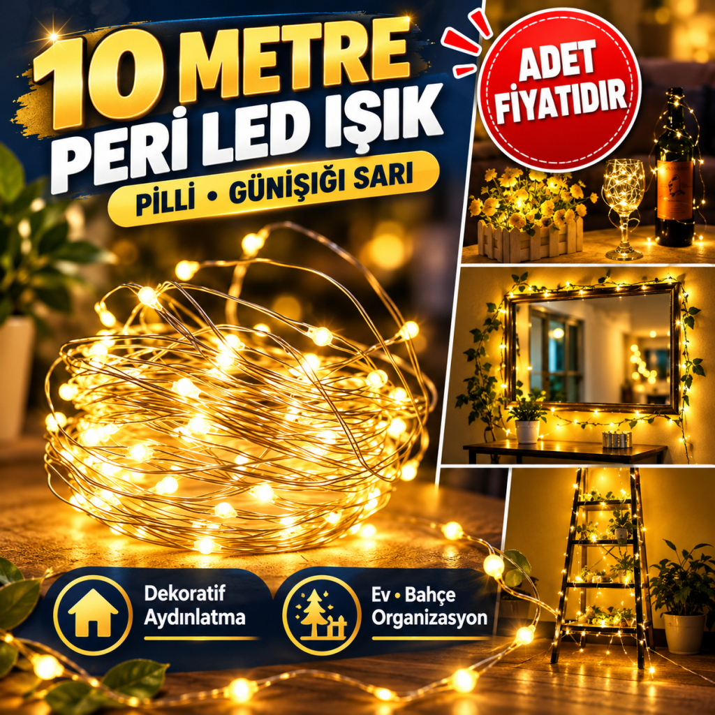 Peri Led Işık 10 Metre (Sarı) Pilli Aydınlatma Şerit Led Saçak Spot Süsleme
