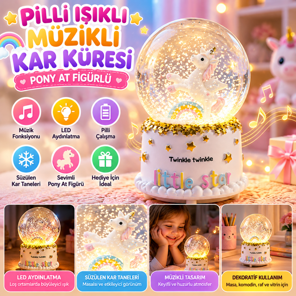 Pilli Işıklı Müzikli Kar Küresi–Pony At Figürlü Eğlenceli Masaüstü Biblo, LED Aydınlatmalı Dekoratif Hediyelik Kar Küresi