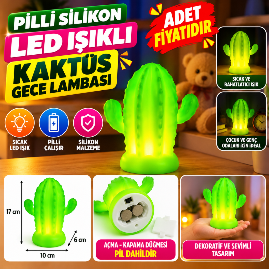 Pilli Silikon Led Işıklı Sevimli Kaktüs Gece Lambası Aydınlatması (adet fiyatıdır)
