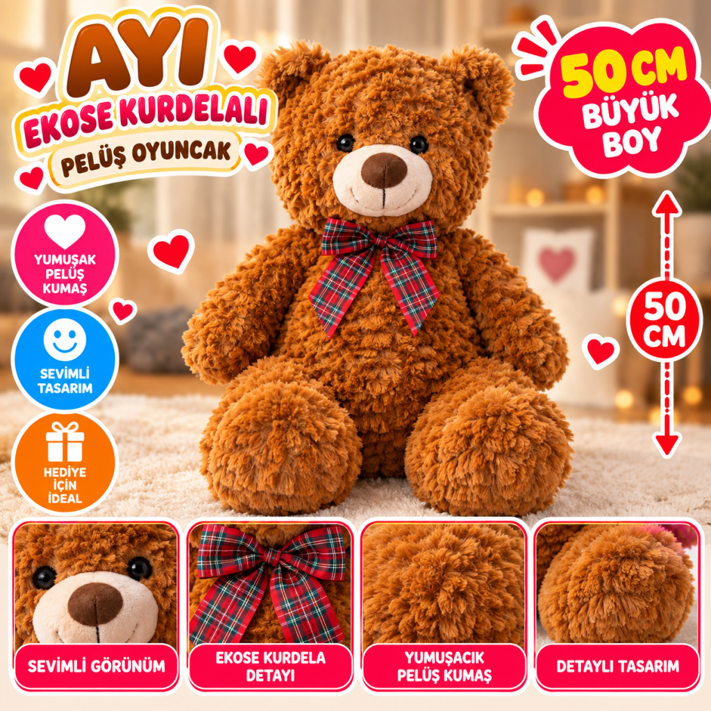 PL50243 50 CM AYI EKOSE KURDELALI PELUŞ OYUNCAK