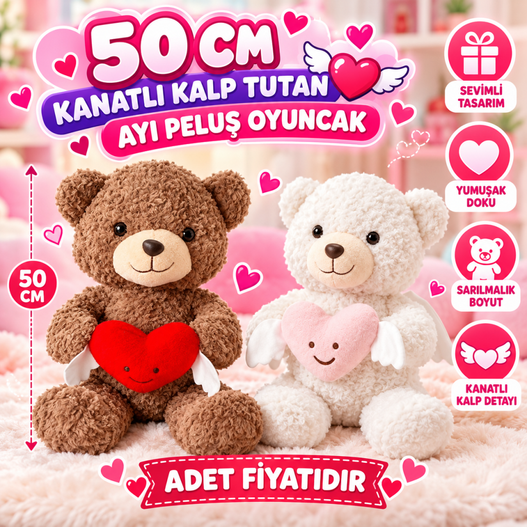 PL50247 50 CM KANATLI KALP TUTAN AYI PELUŞ OYUNCAK