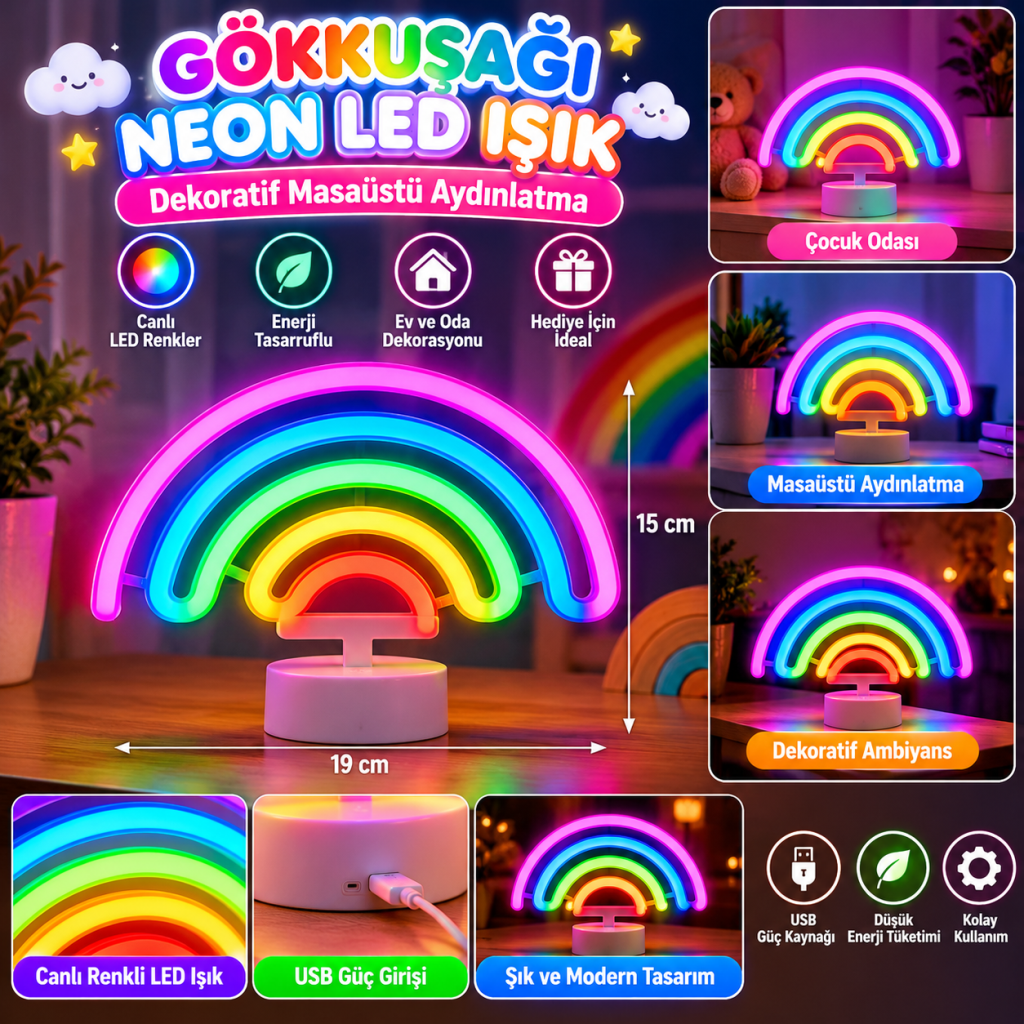 Plastik Gökkuşağı Neon LED Işık – Dekoratif Renkli Masaüstü ve Ambiyans Aydınlatması