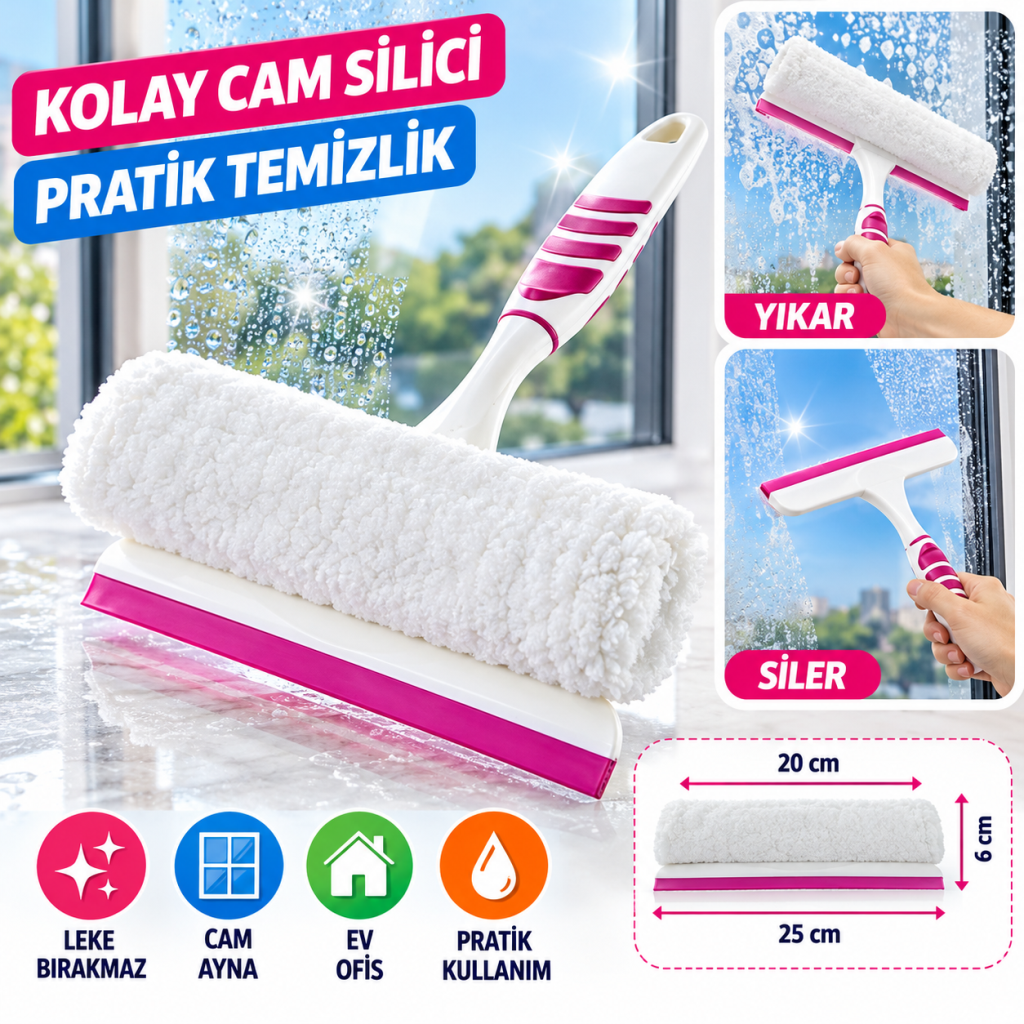 Pratik Kolay Mikrofiber Peluşlu Camsil Cam Silme Aleti Aparatı