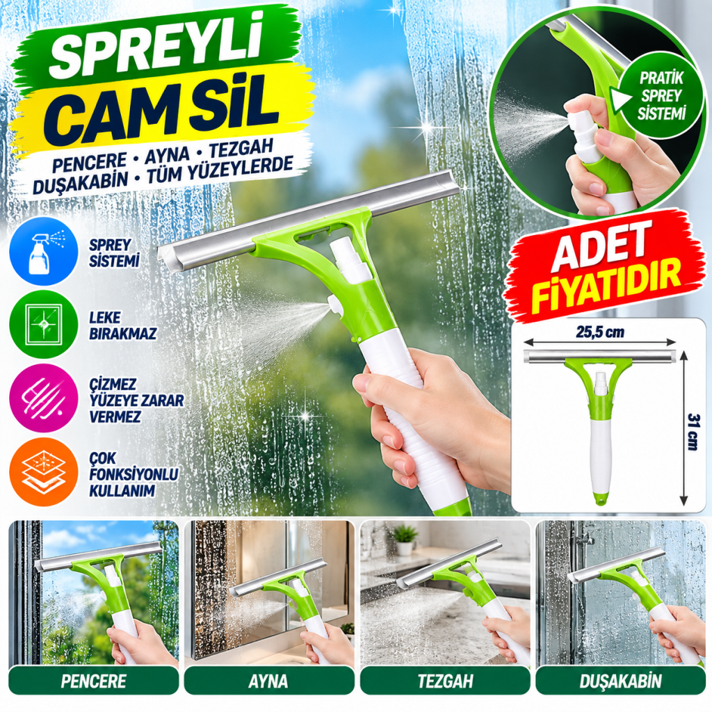 Pratik Spreyli Cam Sil Pencere Ayna Tezgah Duşakabin Temizleyici Püskürtmeli Silme Aparatı (adet fiyatıdır)