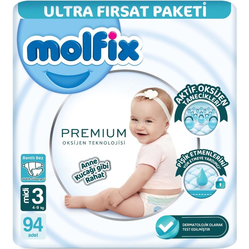 Premium Bebek Bezi Ultra Fırsat Paketi 3 Beden 4-9 Kg 94 Adet