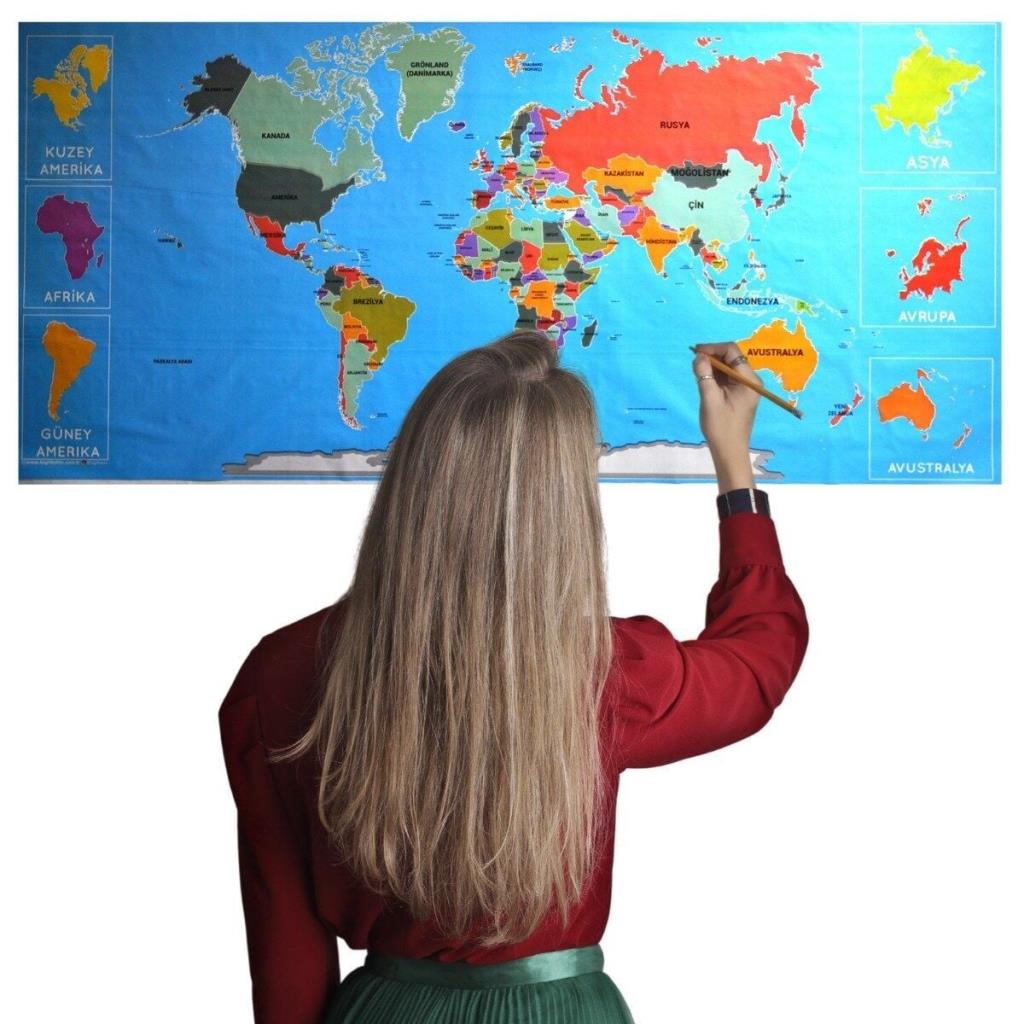 Renkli Atlas Dünya Haritası Manyetik Yapıştırıcı Gerektirmeyen Duvar Stickerı 118 CM * 56 CM (adet fiyatıdır)