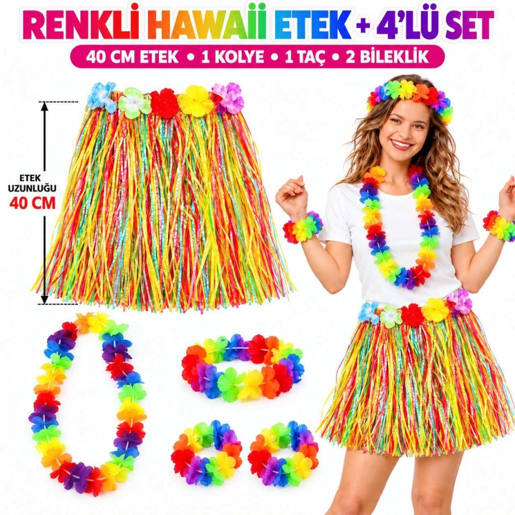 Renkli Hawaii Etek 40 cm ve 4’lü Hawaii Seti