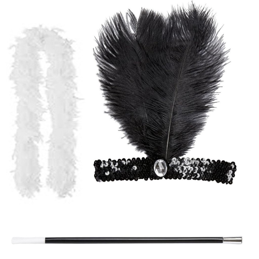 Retro Charliston Beyaz Otrişli Aksesuar Seti – 20&amp;#39;ler 90&amp;#39;lar Gatsby Kostüm Seti