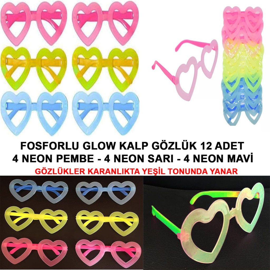 Fosforlu Kalp Gözlük 12 Adet – 80’ler 90’lar Parti Stili