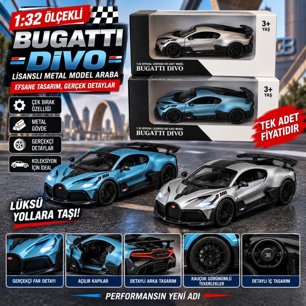 RW8332 1:32 BUGATTİ DİVO ÇEK BIRAK ARABA LİSANSLI METAL MODEL ARABA adet fiyatıdır