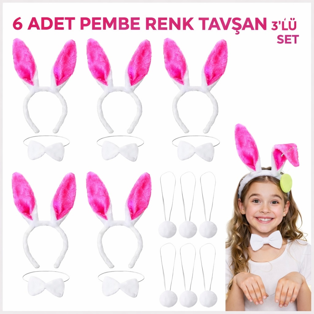 Şeker Pembesi Tavşan Sahne Seti 6&amp;#39;lı Set Taç Papyon Kuyruk