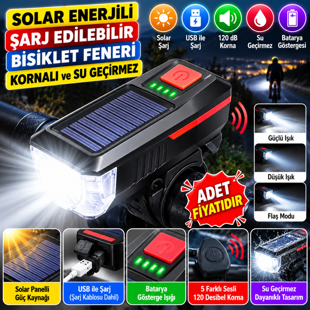 Solar Enerjili USB ile Şarj Edilebilir Ledli Bisiklet Feneri Kornalı ve Su Geçirmez Far (adet fiyatıdır)