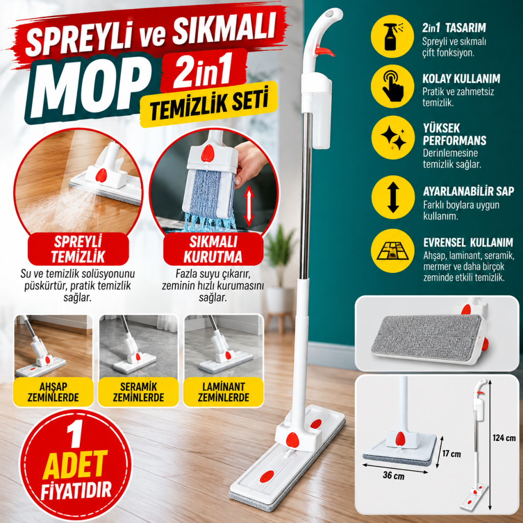 Spreyli ve Sıkmalı Mop Temizlik Seti (adet fiyatıdır)