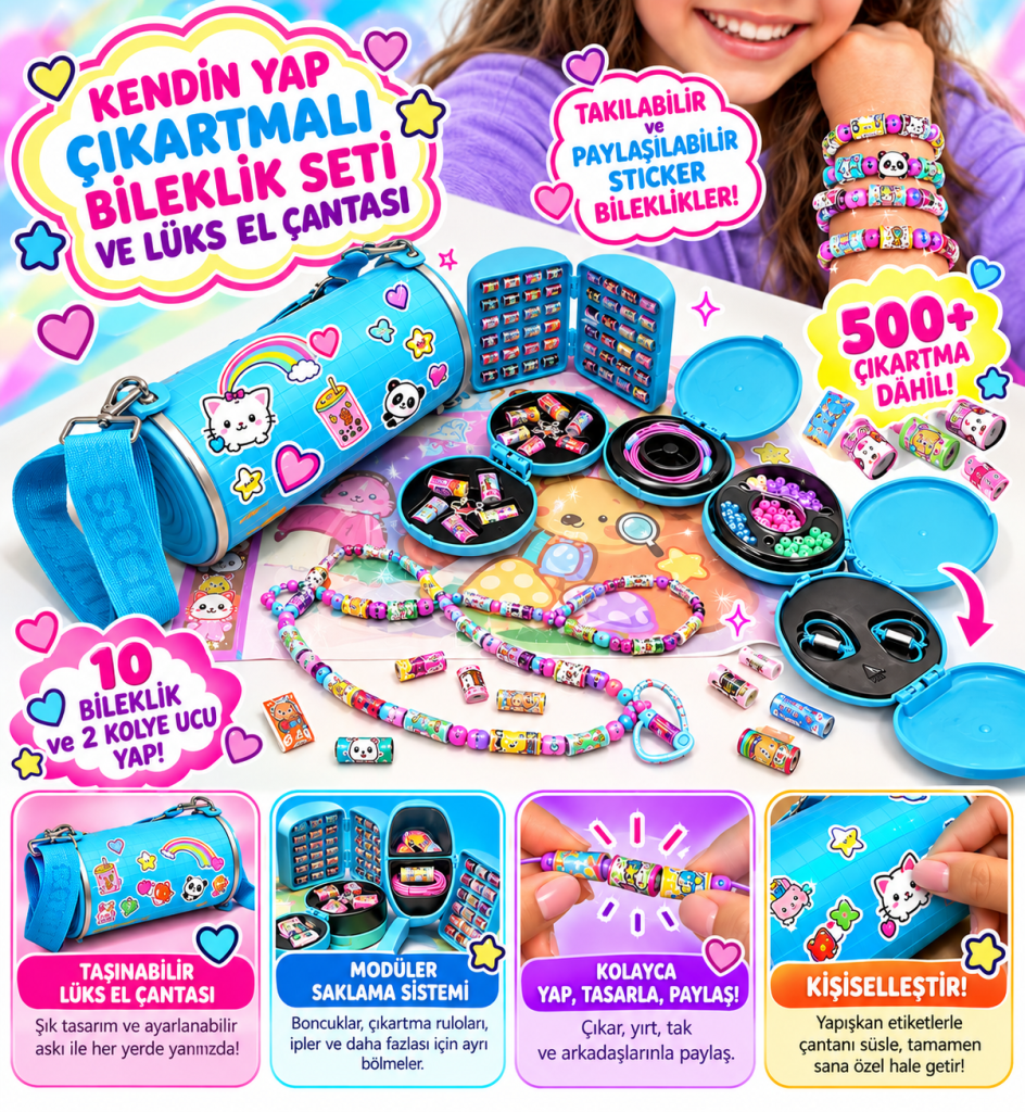 Seri 3 Sticki Rolluxe Kendin Yap Çıkartmalı Bileklik Seti ve Lüks El Çantası