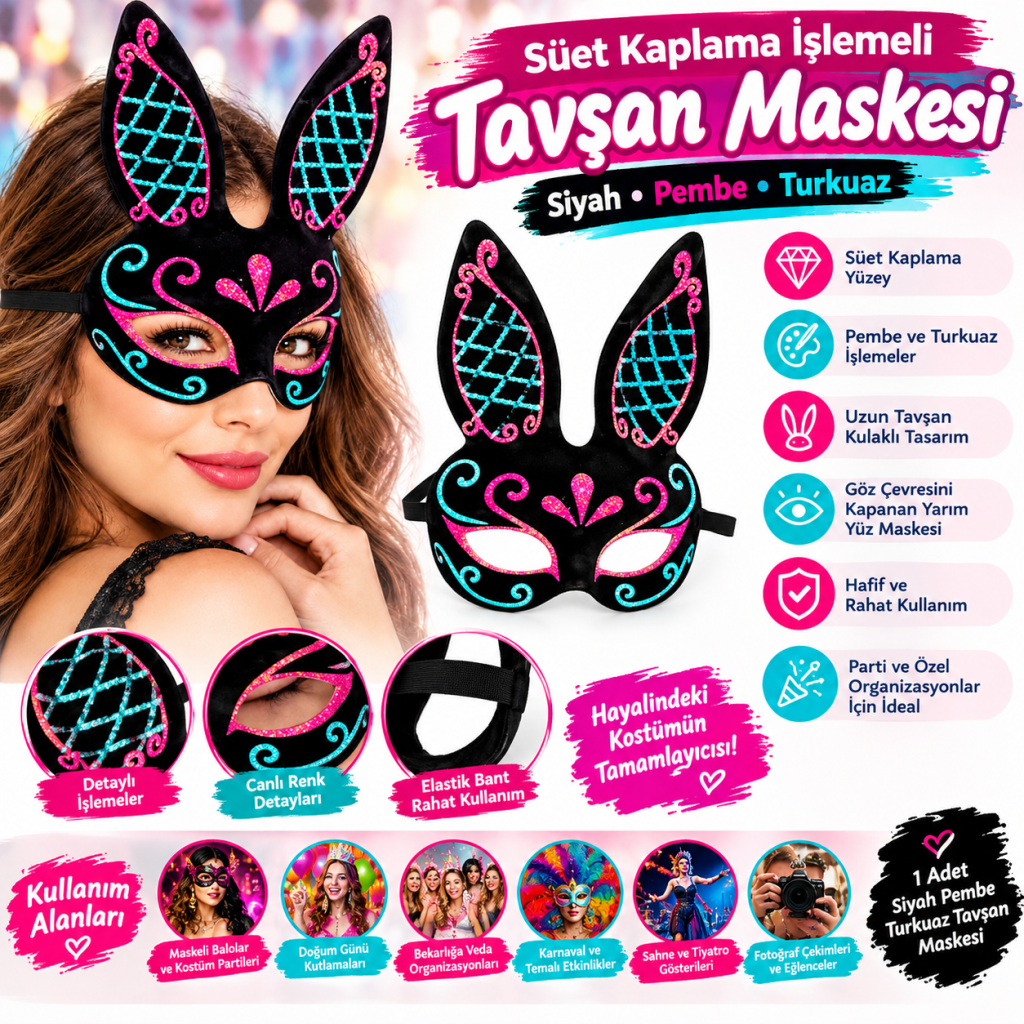 Süet Kaplama İşlemeli Tavşan Maskesi – Siyah Pembe Turkuaz