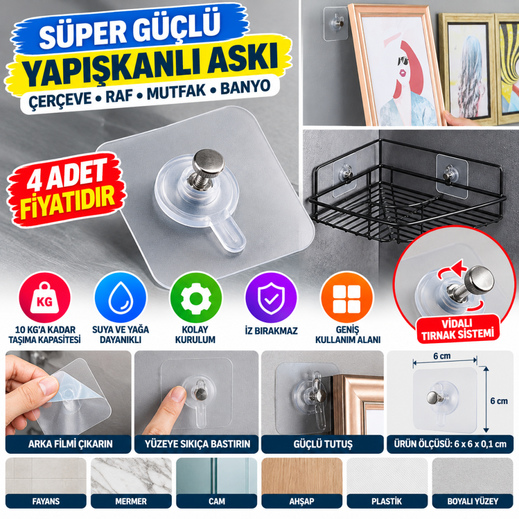 Süper Güçlü Çerçeve Askısı Pin Delgisiz Vidalı Tırnak Kanca Yapışkanlı Raf Tutucu Askı 4 Adet