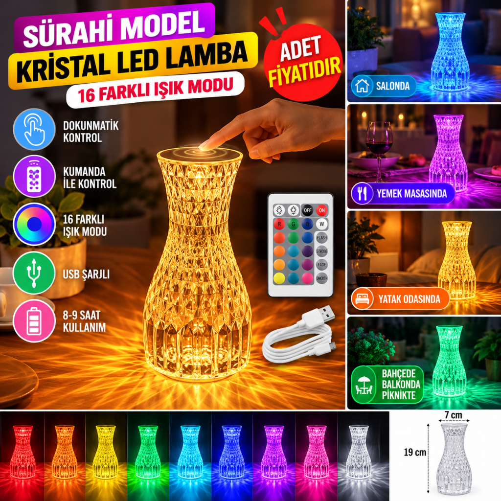 Sürahi Model USB Şarjlı Kumandalı 16 Farklı Işık Modlu Masa Üstü Kristal Akrilik Lamba Led (adet fiyatıdır)