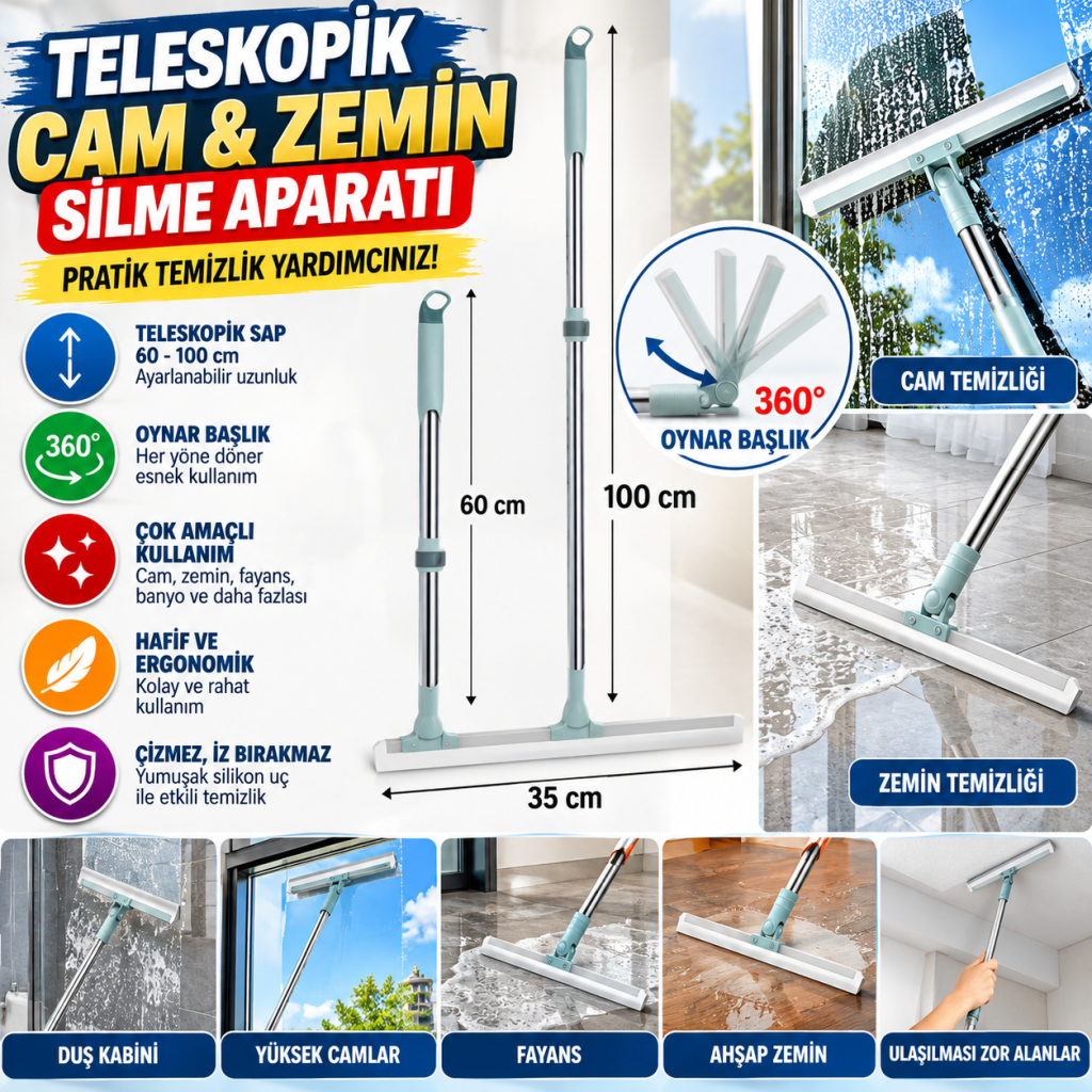 Teleskopik Oynar Başlıklı Cam,Zemin Silme Aparatı Çekçek