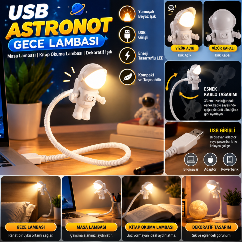 USB Astronot Gece Lambası, Masa Lambası, Kitap Okuma Lambası Işığı