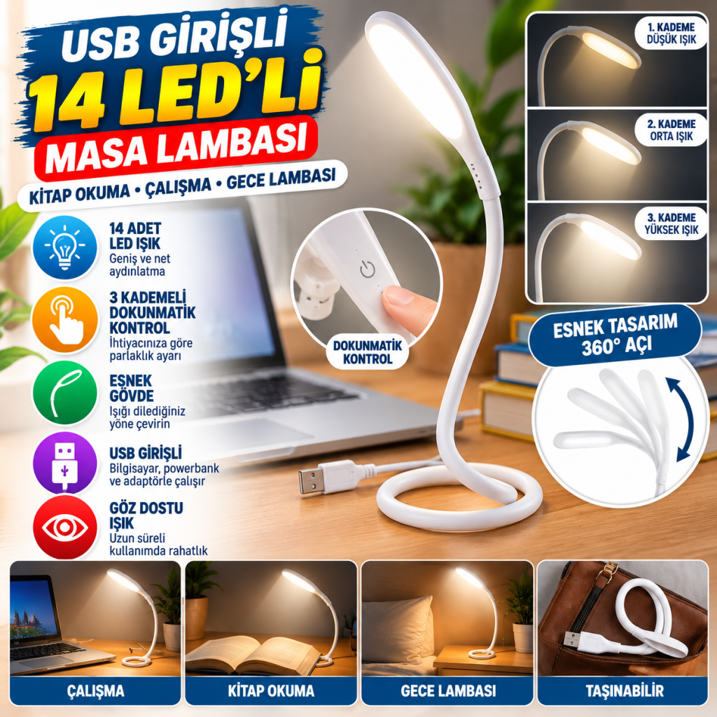 USB Girişli 14 Ledli 3 Kademeli Dokunmatik Masa/Kitap Okuma Lambası Ledi Beyaz
