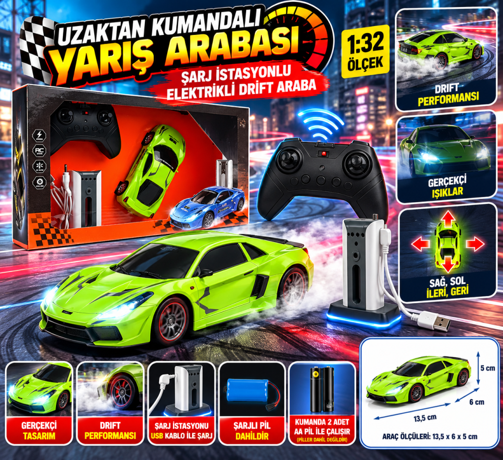 Uzaktan Kumandalı Yeşil Elektrikli Yarış Arabası