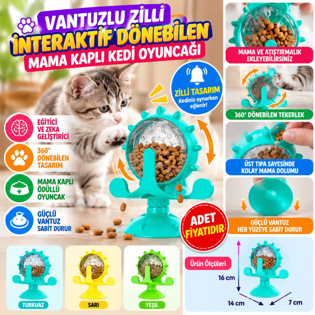 Vantuzlu Zilli İnteraktif Dönebilen Mama Kaplı Renkli Eğlenceli Eğitici Kedi Oyuncağı (adet fiyatıdır)