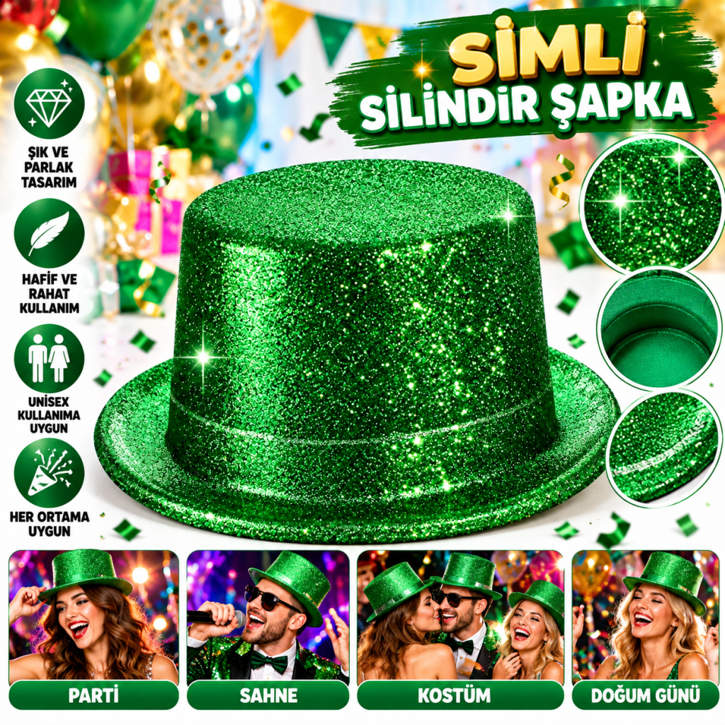 Yeşil Simli Glitter Silindir Parti Şapkası