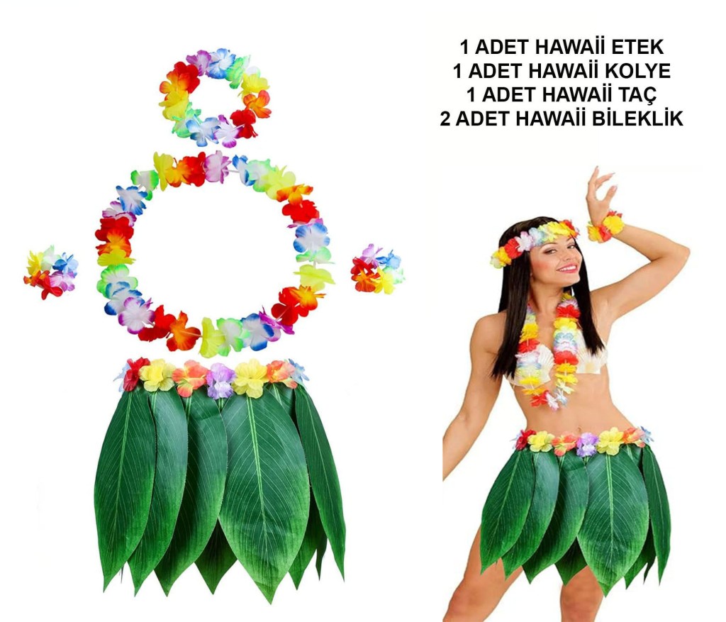 Yetişkin Hawaii Kostüm Seti - Yaprak Etek ve Aksesuar Seti- 5 Parça