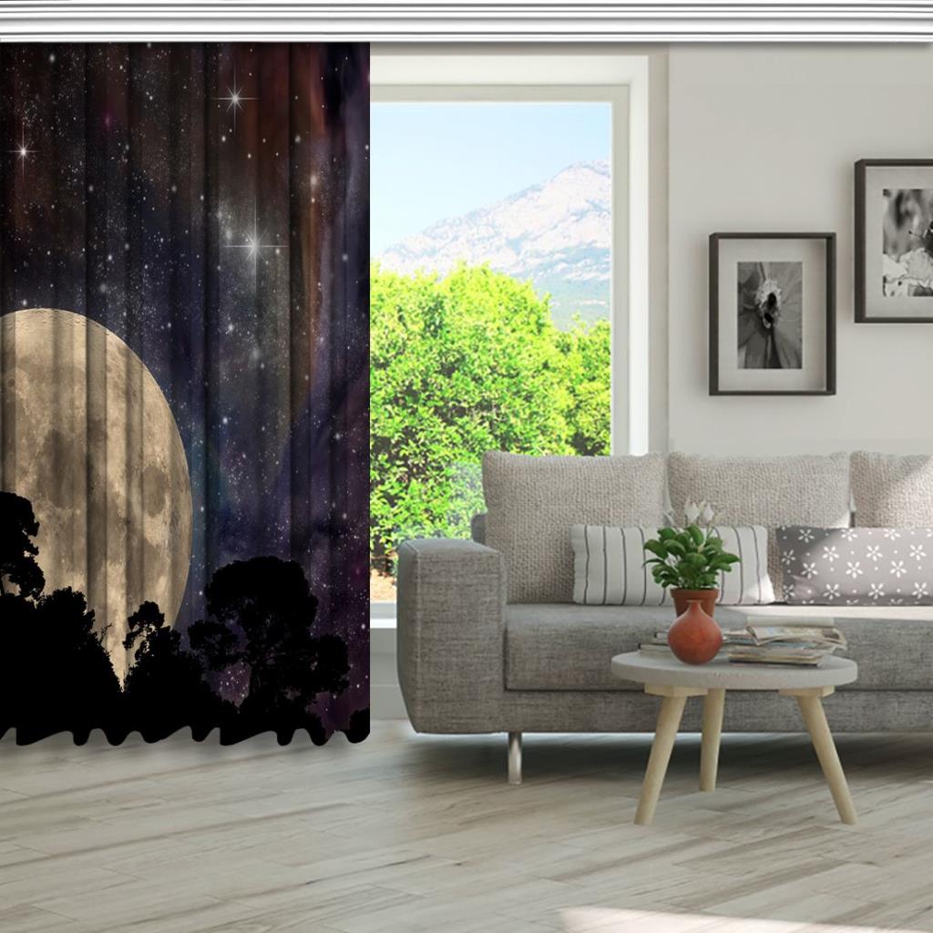 baskılı fon perde ay ve ağaçlar ile gece gökyüzü desenli