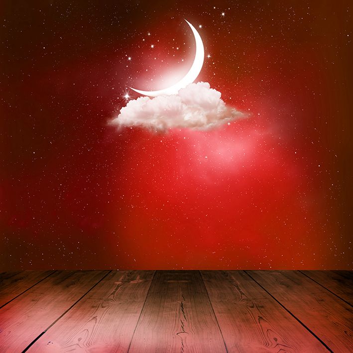 baskılı fon perde ay ve bulut etkili kırmızı renk desenli