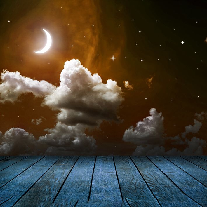 baskılı fon perde ay ve bulut etkili mavi ve bal köpüğü renk desenli
