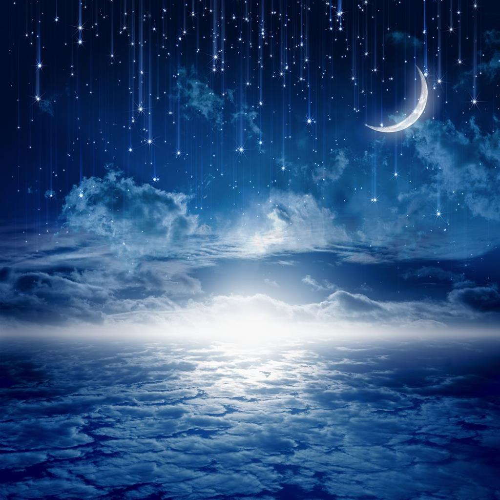 baskılı fon perde ay ve yıldız ile bulutlu gece gökyüzü desenli