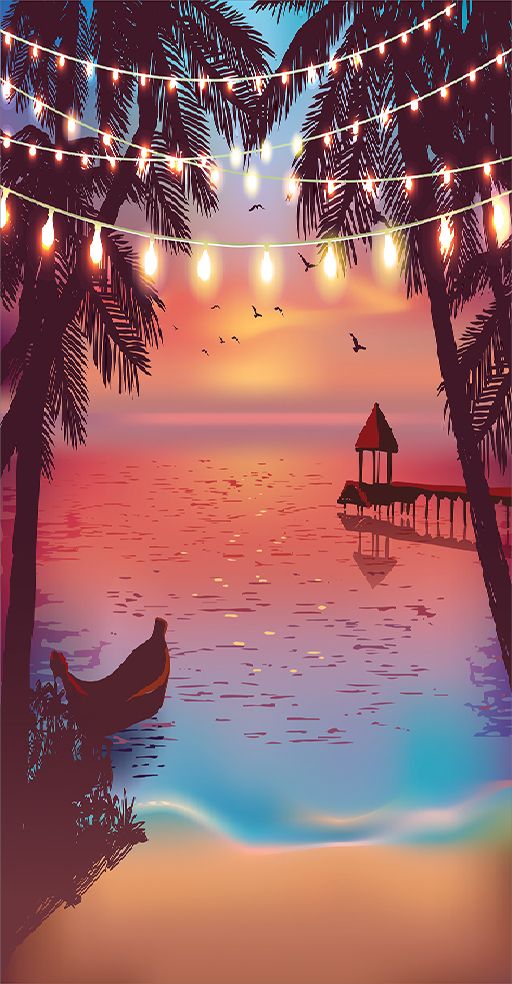 baskılı tekli fon perde romantik gün batımı palmiye deniz manzaralı
