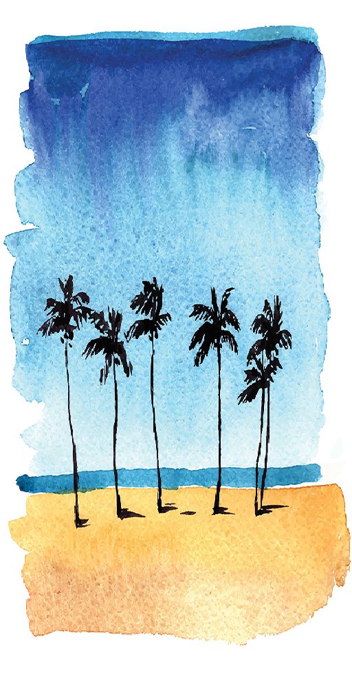 baskılı tekli fon perde sulu boya etkili palmiyeli deniz manzaralı