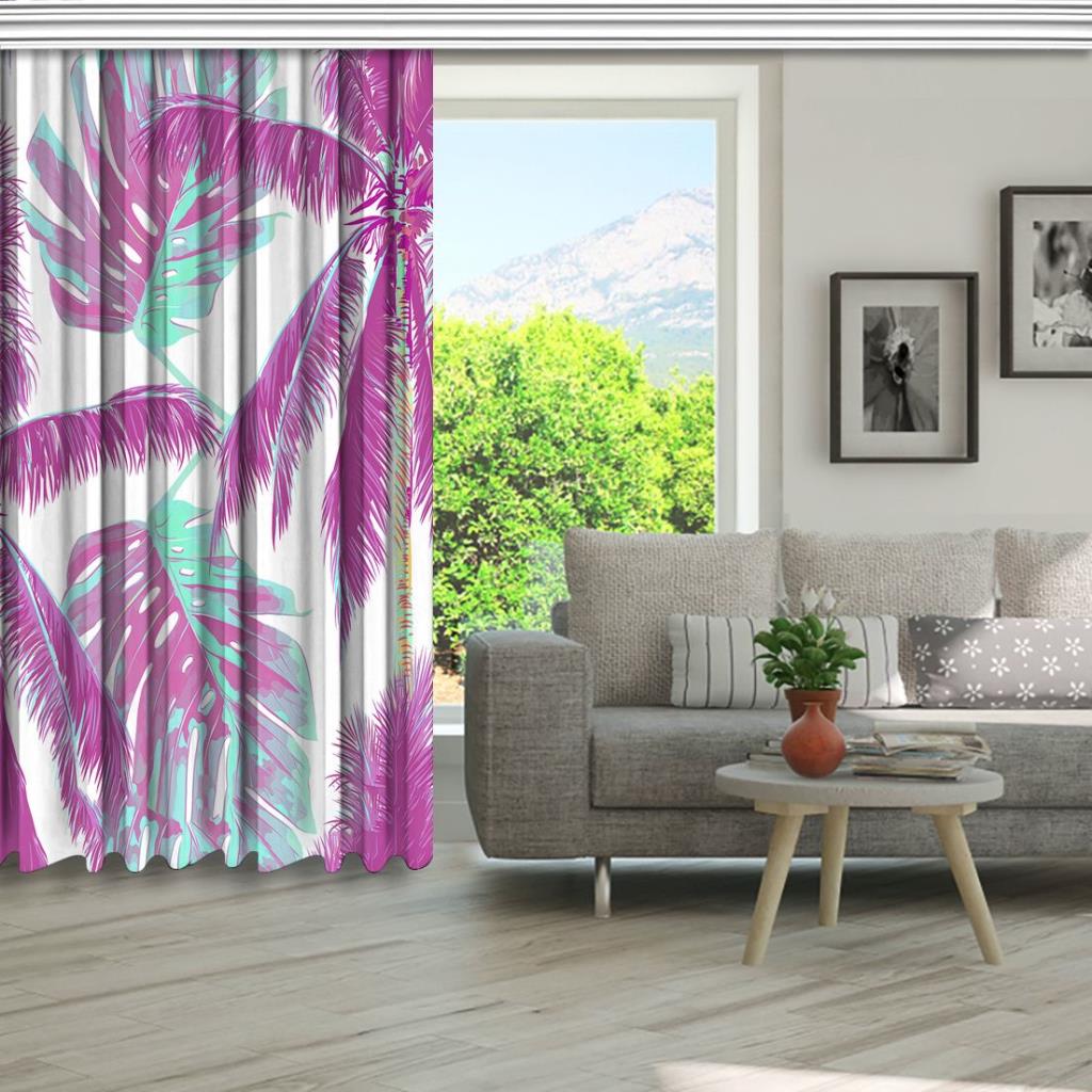 baskılı fon perde beyaz arka plan etkili pembe ve turkuaz palmiye desenli 