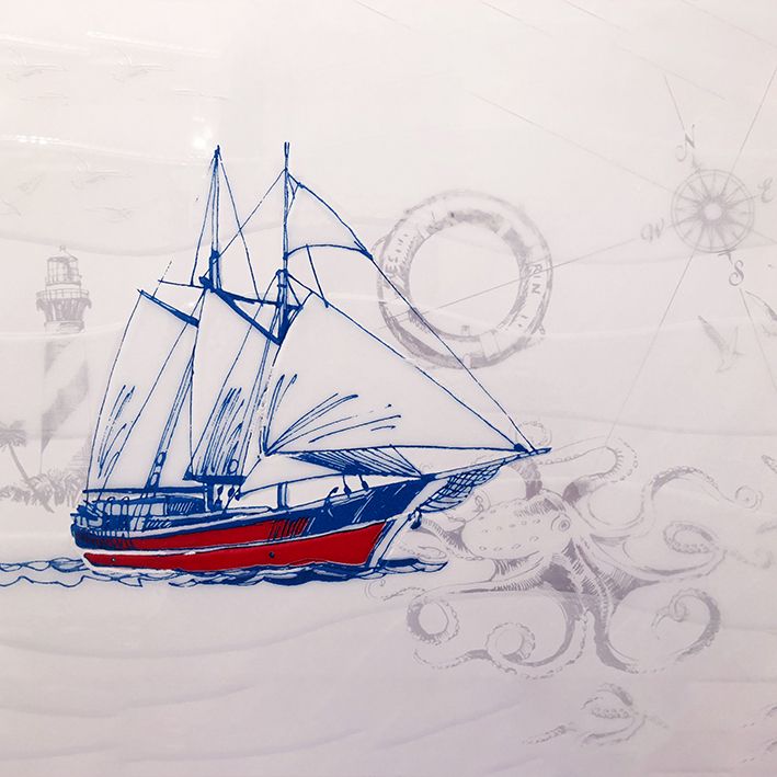 baskılı fon perde beyaz dalga ahtapot kırmızı gemi desenli