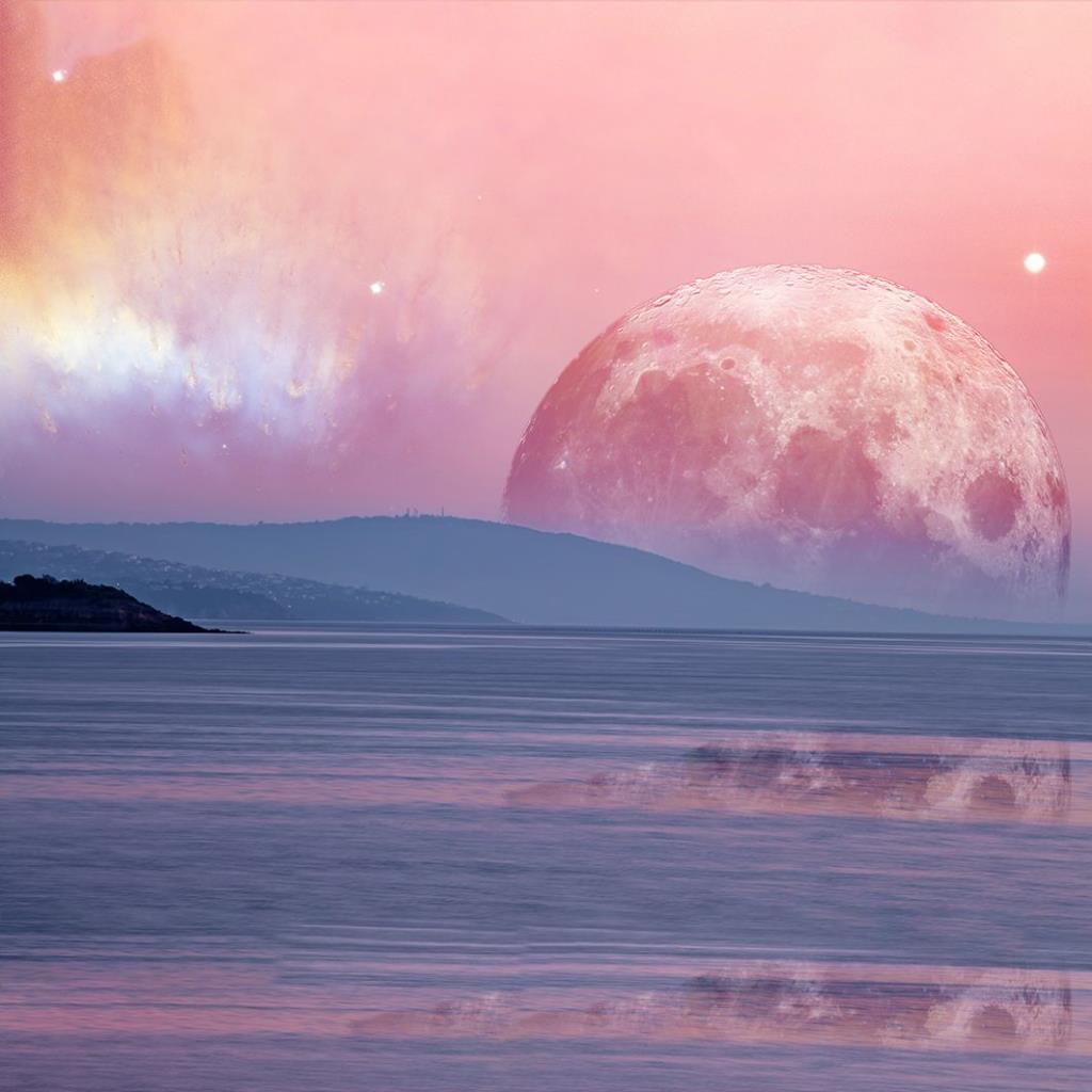 baskılı fon perde büyük pembe ay okyanus ışıltı desenli