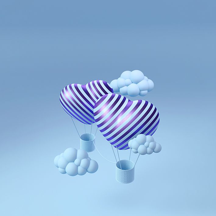 baskılı fon perde buz mavisiyle bulutlarla uçan kalpler desenli