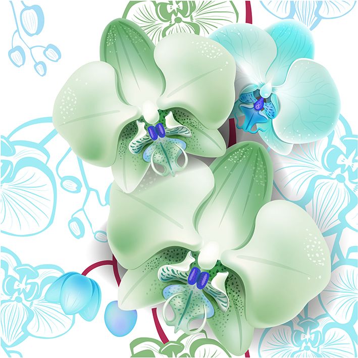 baskılı fon perde çizim tropik zeminli yeşil orkide desenli