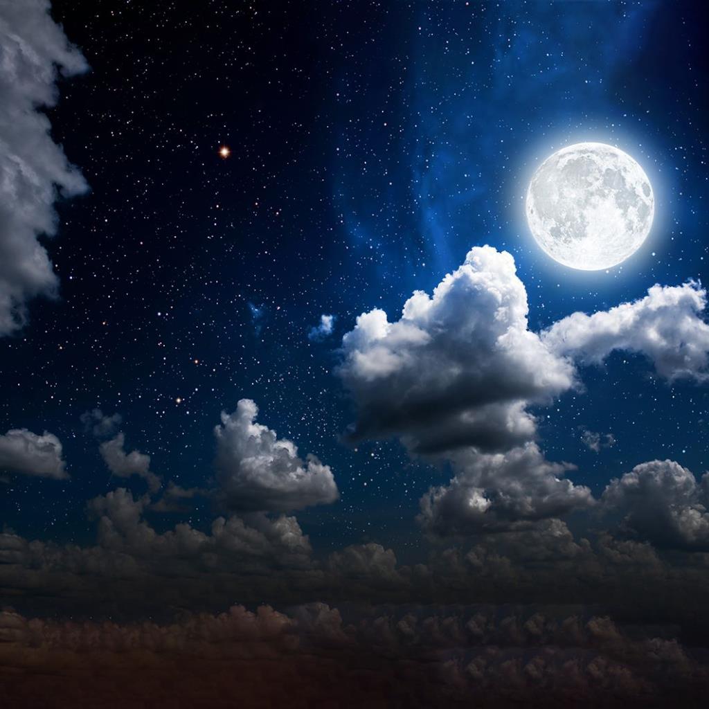 baskılı fon perde dağınık bulut gökyüzü ay desenli mavi