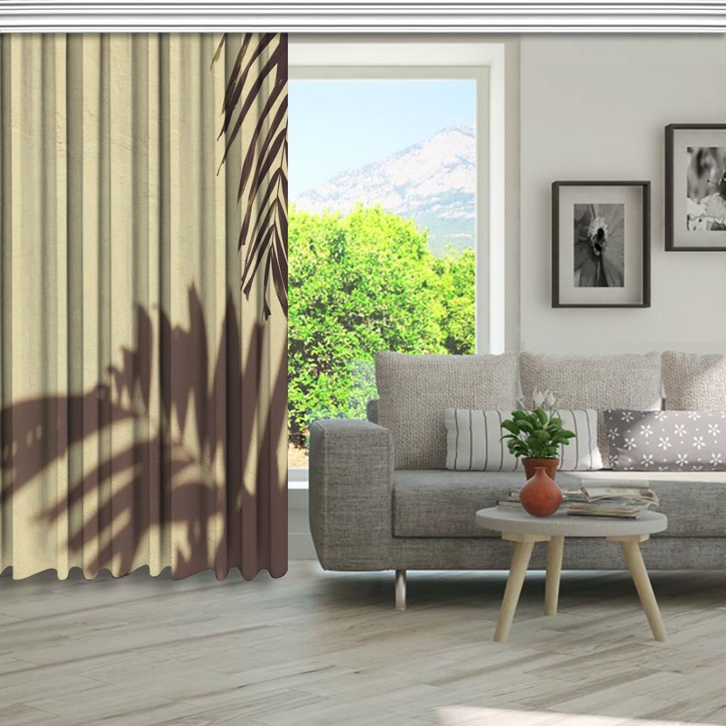 baskılı fon perde duvarda palmiye yaprak gölge desenli