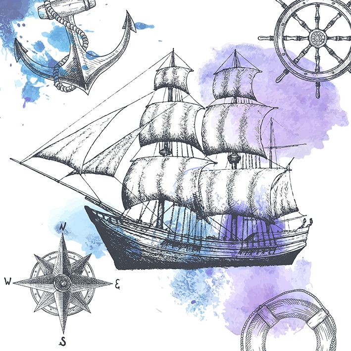 baskılı fon perde eski gemi deniz tema desenli mor mavi