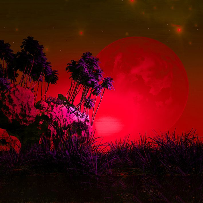 baskılı fon perde gökyüzü doğa ay desenli kırmızı