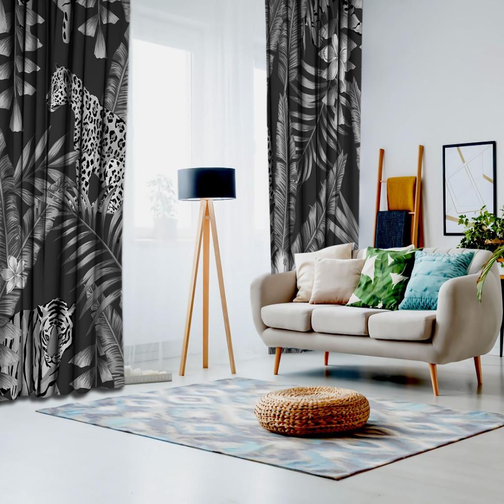 baskılı fon perde gri arka plan etkili palmiye yaprak desenli 