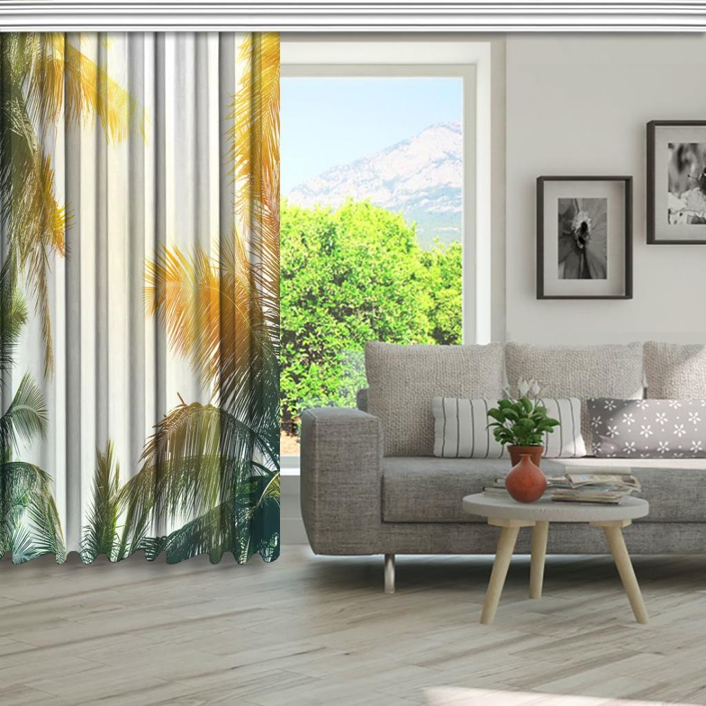 baskılı fon perde gün batımı etkili palmiye yaprak desenli