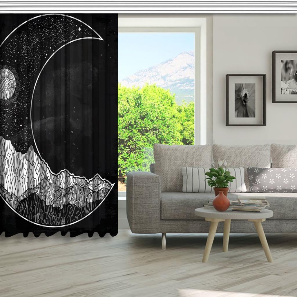 baskılı fon perde hilal şeklinde dağ ay manzara desenli siyah
