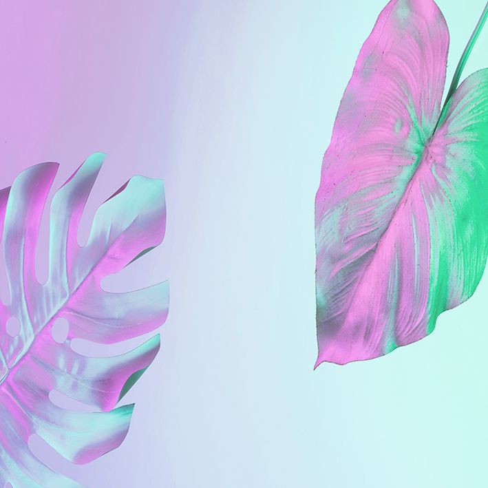 baskılı fon perde holografik neon renkli tropik palmiye yaprak desenli